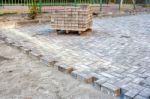 Construction Of A New Modern Road With Paving Slabs Stock Photo