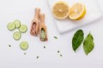 Natural Herbal Skin Care Products. Top View Ingredients Cucumber Stock Photo