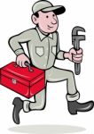 Plumber With Monkey Wrench And Toolbox Stock Photo