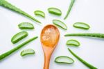 Aloe Vera Fresh Leaves With Slices And Aloe Vera Gel On Wooden S Stock Photo