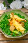 Fresh Japanese Tempura Shrimps With Salad Stock Photo