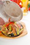 Original Fajita Sizzling Hot  On Iron Plate Stock Photo