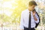 Business Man Standing On The Balcony Stock Photo