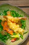 Fresh Japanese Tempura Shrimps With Salad Stock Photo