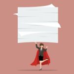 Business Woman Superhero Lifting A Lot Of Documents Stock Photo