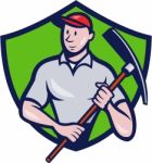 Construction Worker Pickaxe Crest Cartoon Stock Photo