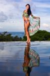 Pretty Brunette Model In Bikini Posing At The Pool Stock Photo