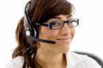 Smiling call center lady Stock Photo