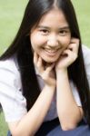 Portrait Of Thai High School Student Uniform Teen Beautiful Girl Happy And Relax, Stock Photo