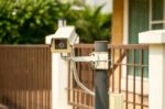 Cctv Camera In Front Of The Village, Residence Stock Photo