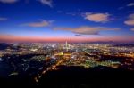 South Korea Skyline Of Seoul, The Best View Of South Korea With Lotte World Mall At Namhansanseong Fortress Stock Photo