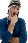 Surprised Man Wearing Woollen Hat Stock Photo