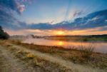 Misty Summer Sunrise. Foggy River In The Morning. Misty Morning Stock Photo