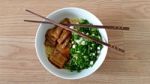 Egg Noodle With Steam Pork Belly Stock Photo