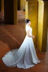 Romantic Portrait Of The Beautiful Bride Near Pillars Stock Photo