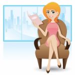 Cartoon Smart Woman Sitting On Sofa And Reading Magazine Stock Photo