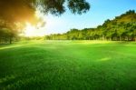 Beautiful Morning Sun Shining Light In Public Park With Green Gr Stock Photo