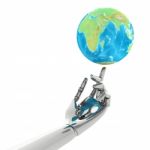 3d Hand With Earth Globe In His Hand Stock Photo