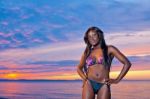 Beautiful Black African American Woman Posing On The Beach At Su Stock Photo