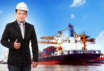 Business Man And Comercial Ship With Container On Port Use For I Stock Photo