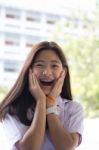 Portrait Of Thai Student Teen Beautiful Girl Happy And Relax Stock Photo