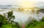 Beautiful Sunrise In Thailand Over The Valley Of Mountain  Givin Stock Photo