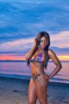 Beautiful Black African American Woman Posing On The Beach At Su Stock Photo