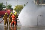 Fireman. Firefighters Fighting Fire During Training Stock Photo