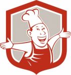 Chef Cook Happy Arms Out Shield Cartoon Stock Photo