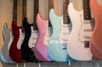 Electric Guitars On Display In A Music Shop Stock Photo