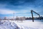 Railway Station In Winter. Snow-covered Urban Scene Stock Photo