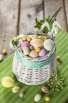 Easter Eggs In The White Basket Stock Photo