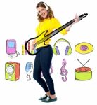 Female Guitarist In Full Action Stock Photo