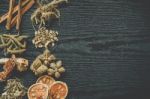 Dried Herbs And Ginseng, Top View Of Thai Herbs And Ginseng On Wooden Floor Stock Photo