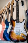 Electric Guitars On Display In A Music Shop Stock Photo