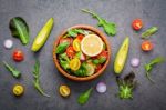 The Bowl Of Healthy Vegan Salad . Various Vegetables Avocado, To Stock Photo