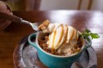 Apple Crumble Dessert With Ice Cream Stock Photo