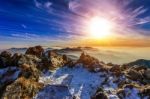 Winter Landscape With Sunset And Foggy In Deogyusan Mountains, South Korea Stock Photo