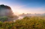 Summer Misty Sunrise On The River. Foggy River In The Morning. S Stock Photo