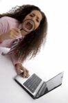 Student With Laptop And Magnifier Stock Photo