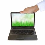 Laptop Pc On Women Hand Stock Photo