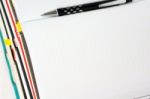 Blank Notebook Open With Pen Stock Photo