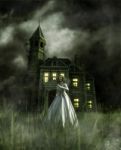 Woman Running Away From A Haunted House,3d Illustration Stock Photo