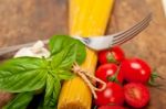 Italian Spaghetti Pasta Tomato And Basil Stock Photo