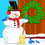 Snowman And Bluebirds Stock Photo