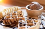 Belgian Waffles With Fruit And Chocolate, Forest Fruit, All Home Stock Photo