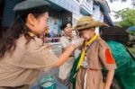 Student 9-10 Years Old, Welcome To Boy Scout Camp In Bangkok Thailand Stock Photo