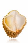 Close Up Of Peeled Durian Isolated On White Background Stock Photo