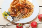 Italian Seafood Spaghetti Pasta On Red Tomato Sauce Stock Photo