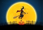 Halloween Witch On Broom Moon Pumpkin Graveyard Stock Photo